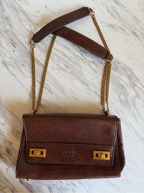 GUESS Brown Textured Leather Chain Shoulder Bag